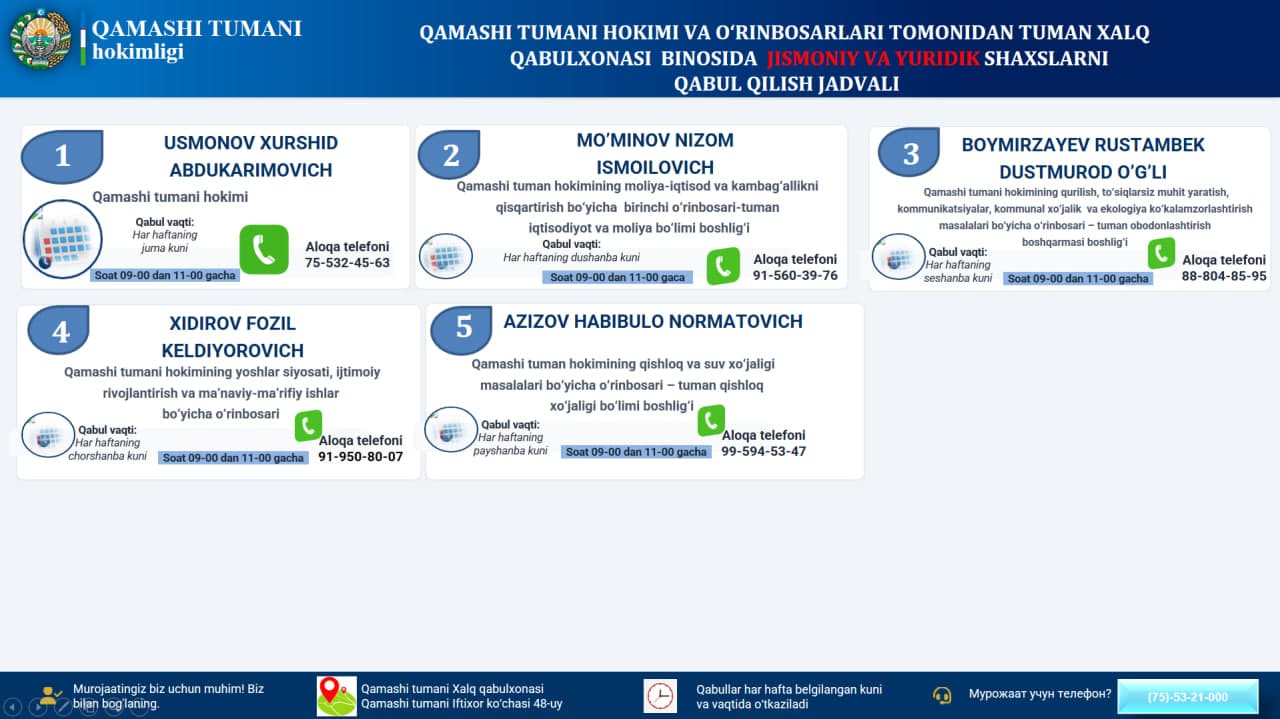 Qamashi tumani hokimi va hokim o’rinbosarlarining jismoniy hamda yuridik shaxslarni qabul qilish jadvali