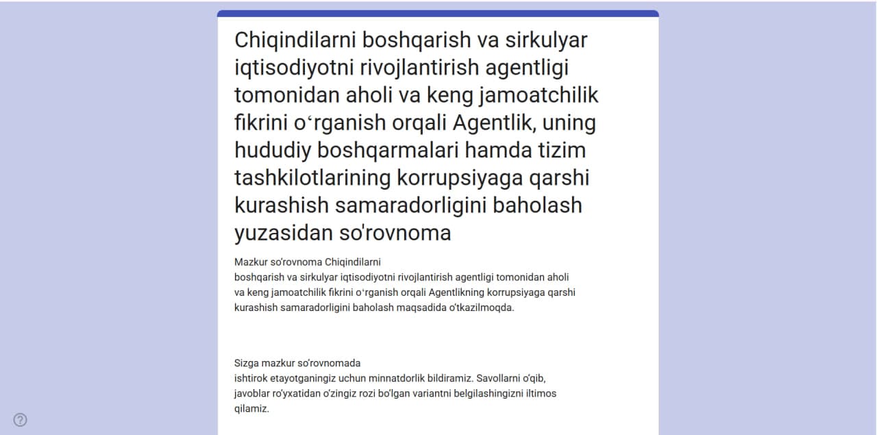 Korrupsiyaga qarshi kurashish samaradorligini baholash maqsadida so‘rovnoma o‘tkazilmoqda