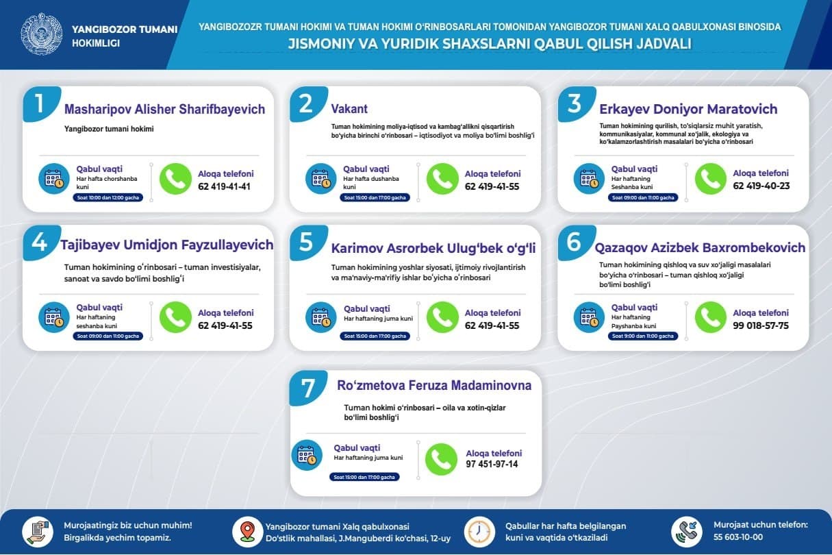 Yangibozor tumani hokimi va hokim o‘rinbosarlari tomonidan tuman xalq qabulxonasi binosida jismoniy va yuridik shaxslarni qabul qilish jadvali