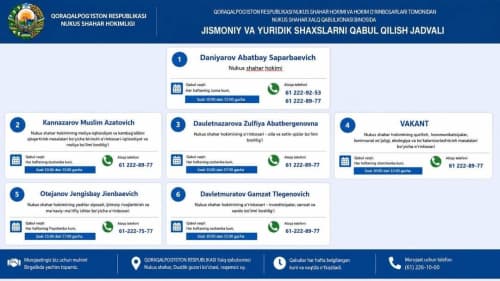 You can familiarize yourself with the schedule for the reception of individuals and legal entities by the Mayor of Nukus, Republic of Karakalpakstan, and their deputies at the Public Reception Office of the Republic of Karakalpakstan.
