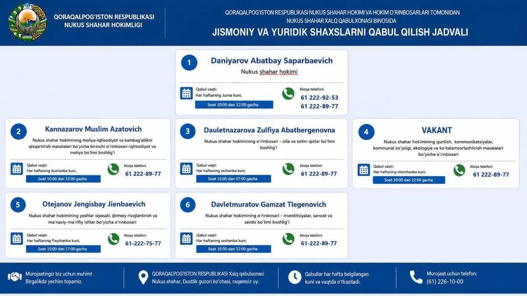 You can familiarize yourself with the schedule for the reception of individuals and legal entities by the Mayor of Nukus, Republic of Karakalpakstan, and their deputies at the Public Reception Office of the Republic of Karakalpakstan.