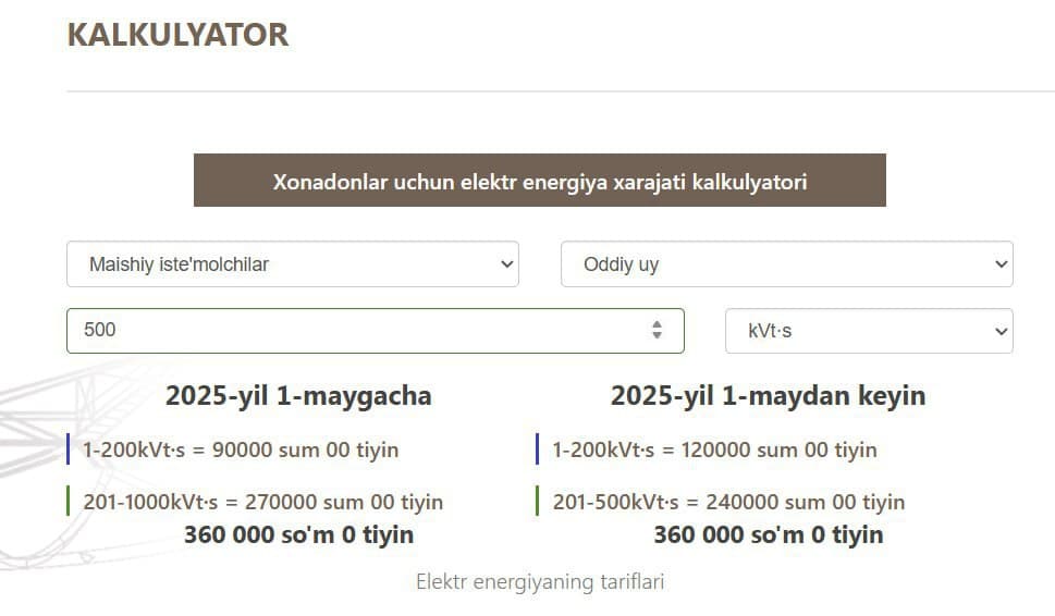Elektr energiyasi iste’molini hisoblash kalkulyatori yangilandi