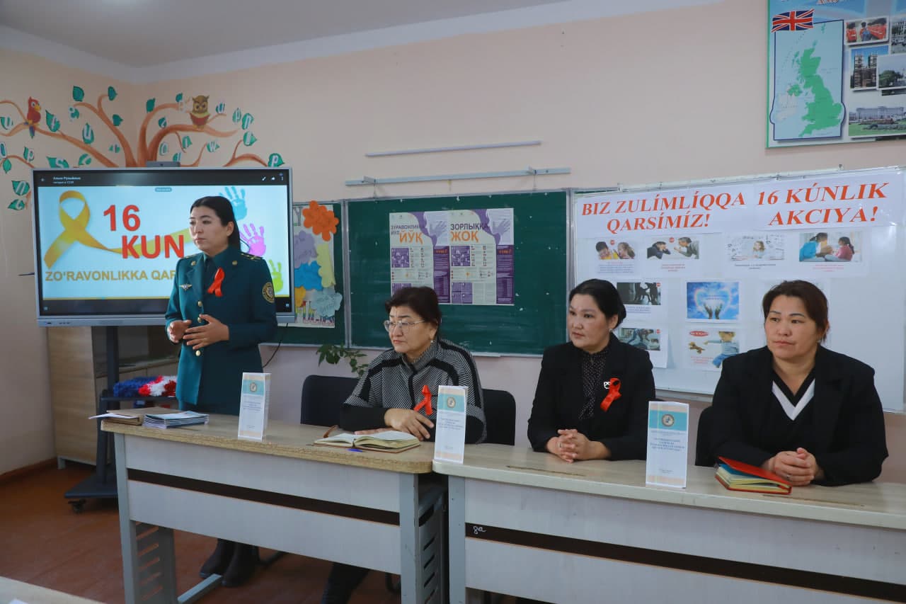 Bugun Taxtako‘pir tumanidagi 1-sonli umumiy o‘rta ta’lim maktabida yuqori sinf o‘quvchilari uchun "16 kunlik zo‘ravonlikka qarshi kurash" aksiyasi doirasida "Biz zo‘ravonlikka qarshimiz" mavzusida targ‘ibot uchrashuvi o‘tkazildi.