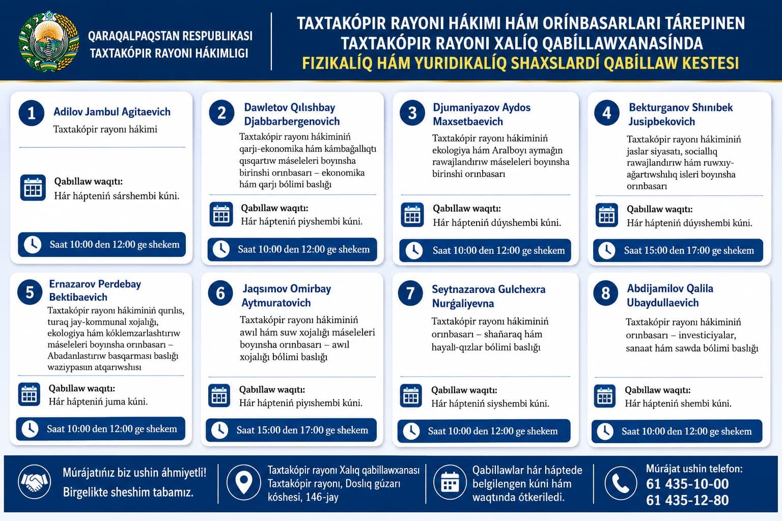 Taxtako‘pir tumani hokimi va o‘rinbosarlari tomonidan Taxtako‘pir tumani xalq qabulxonasida jismoniy va yuridik shaxslarni qabul qilish jadvali