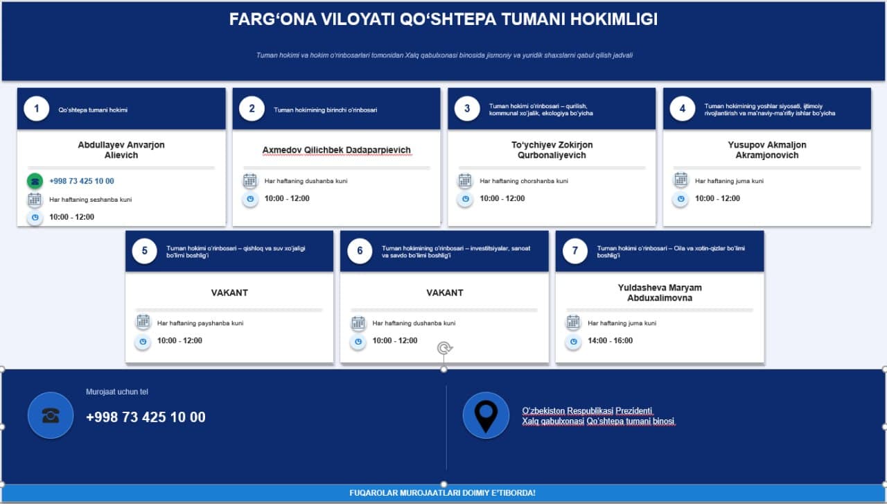 Fargʻona viloyati Qoʻshtepa tumani hokimligi quyidagilarni eʼlon qiladi.