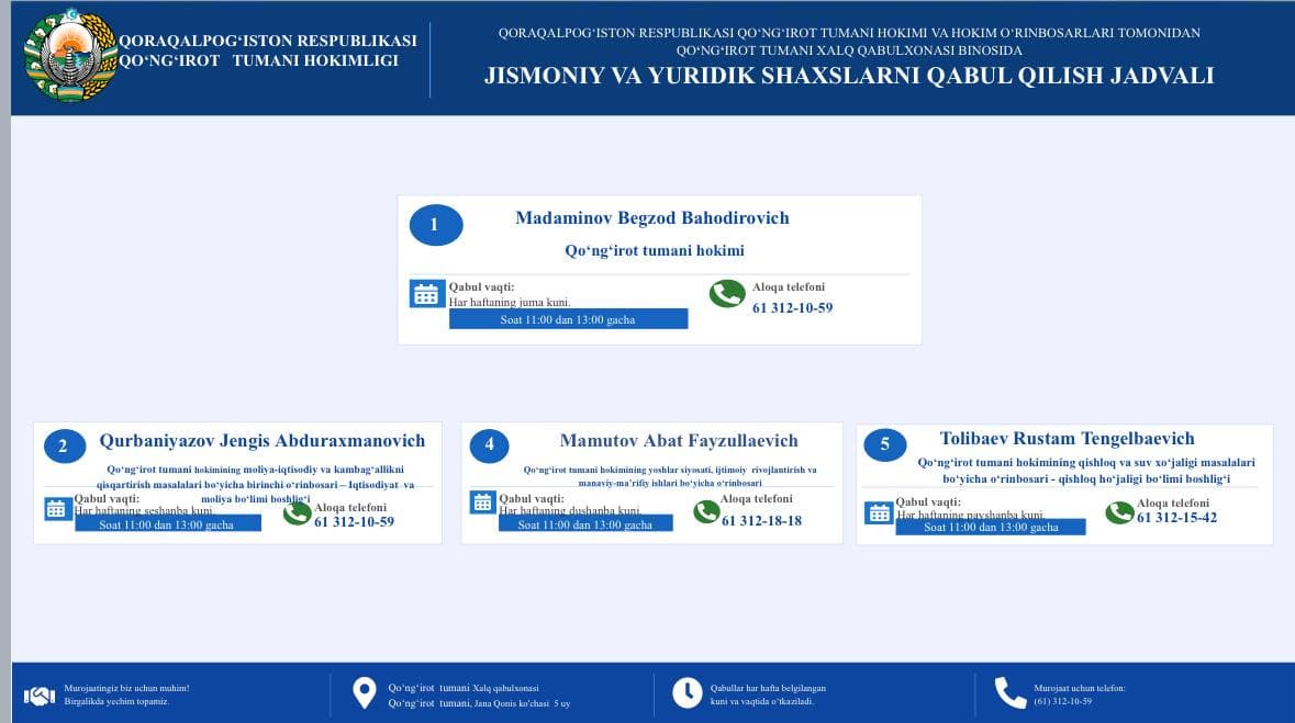 Qo'ng'irot tumani hokimi va uning o’rinbosarlarining Jismoniy va Yuridik shaxslarni qabul qilish bo’yicha jadvali