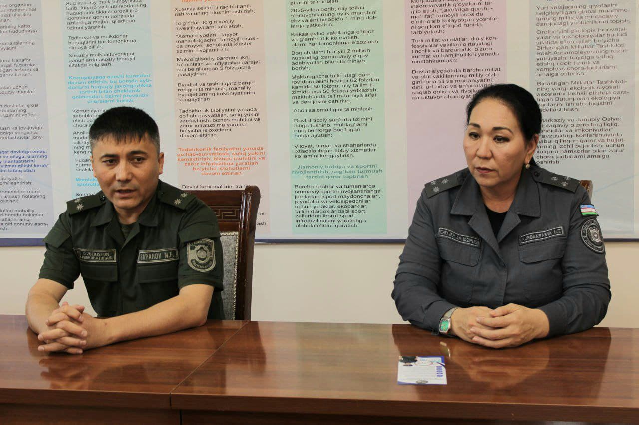 В целях выполнения требований Постановления Президента Республики Узбекистан No ПП-1 прокурор Бозатовского района Н. Сапаров и начальник ОВД У. Курбанбаева встретились с предпринимателями, осуществляющими деятельность на территории района, и выслушали их