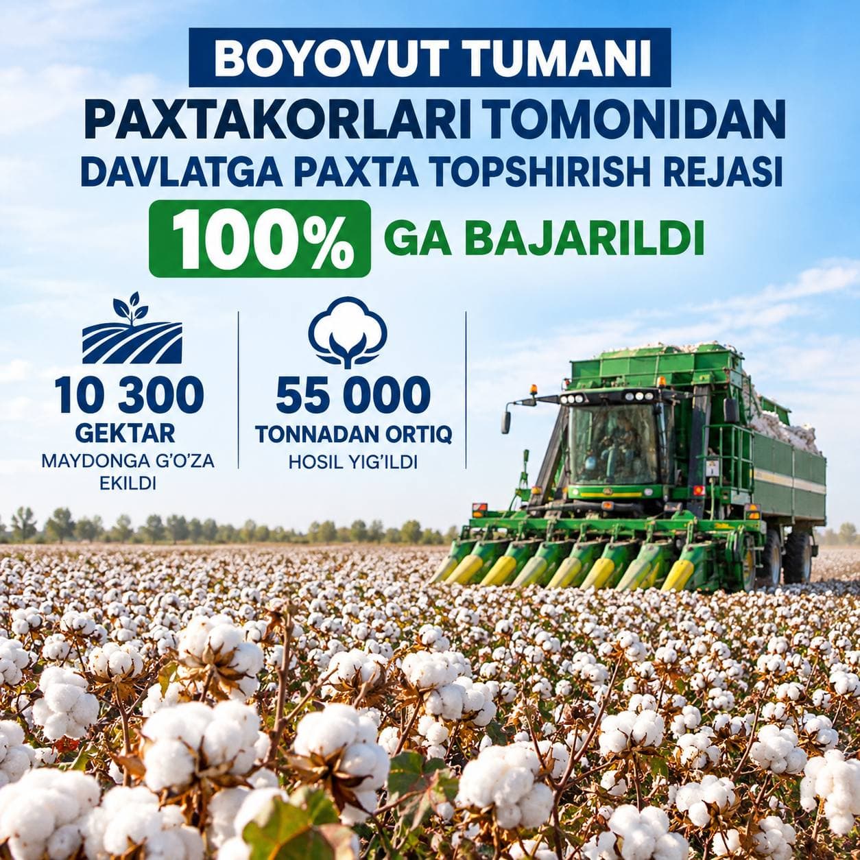 Boyovut tumani paxtakorlari paxta topshirish shartnomaviy rejasini bajardi