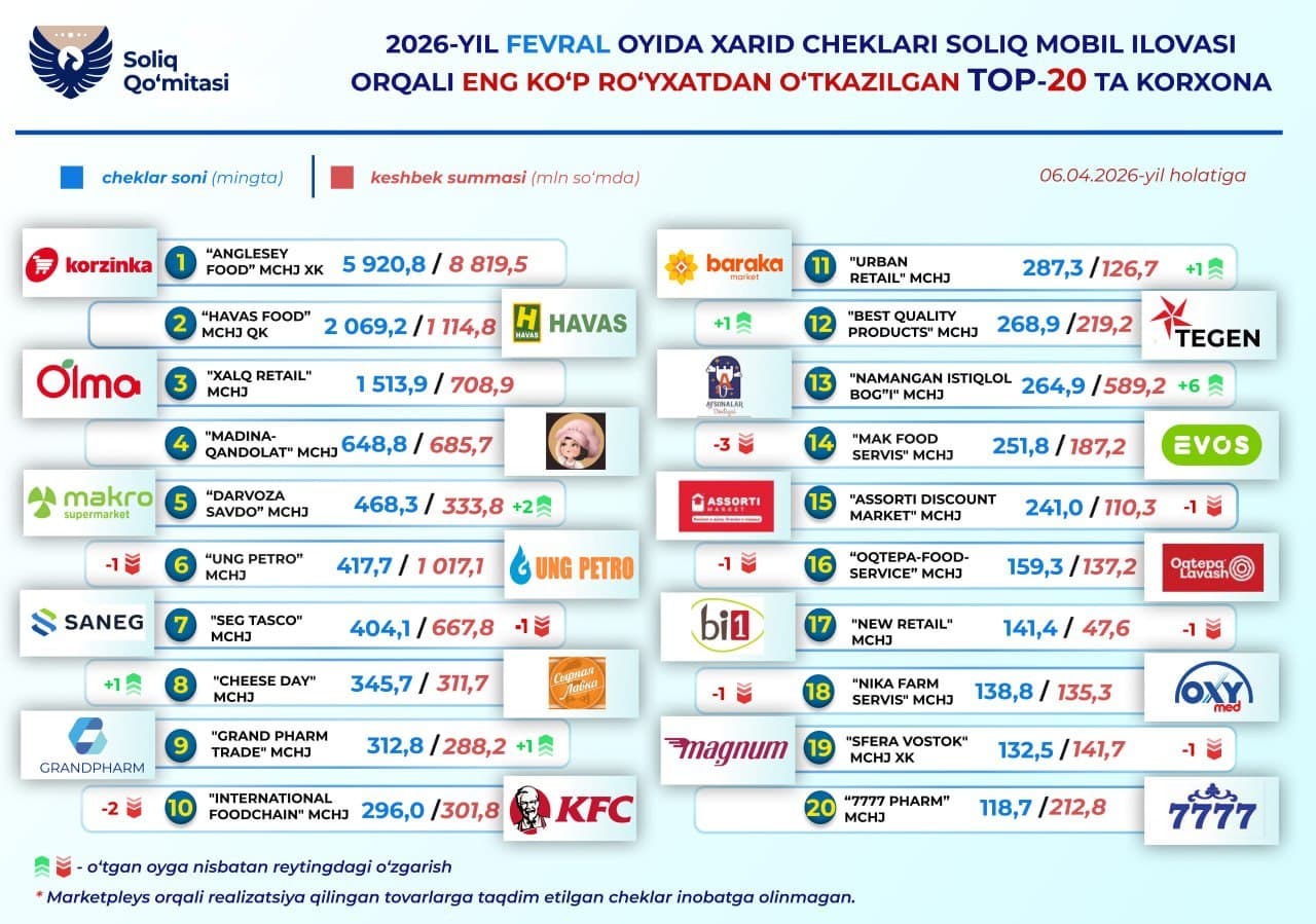 Чеки каких организаций чаще всего регистрировали в мобильном приложении Soliq в феврале?