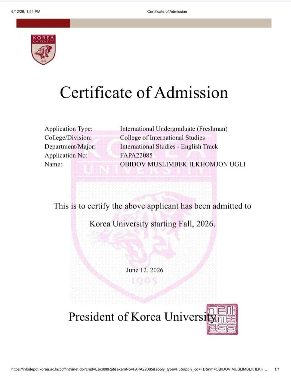Graduate of Fergana District Specialized School Admitted to a Prestigious International University