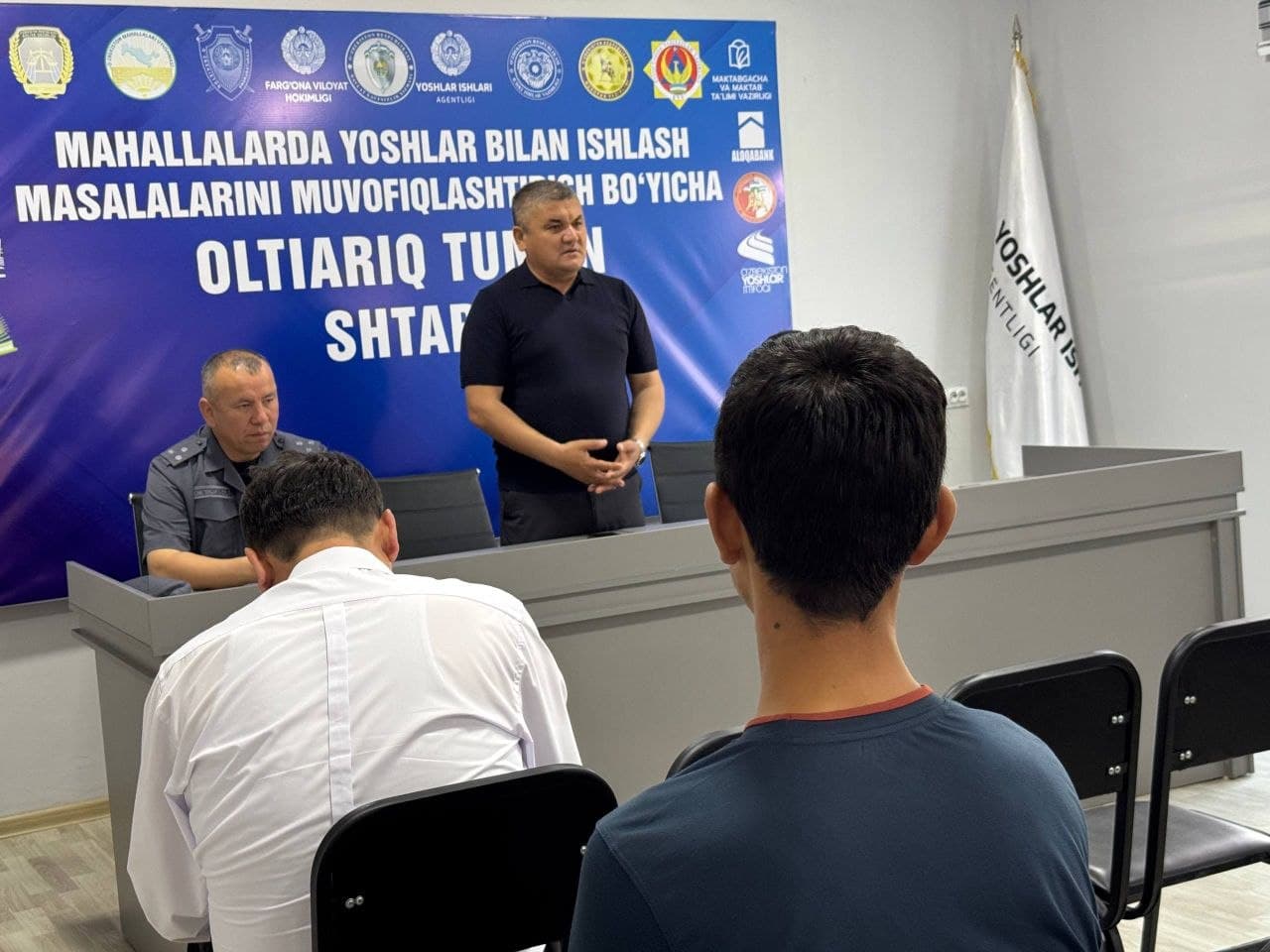 Oltiariq tumani Yoshlar markazida tuman hokimi Sh.Turdaliyev, tuman prokurori R.Tillayev, IIB boshlig‘i I.Sotvoldiyev ishtirokida yoshlar bilan muloqot o‘tkazildi.