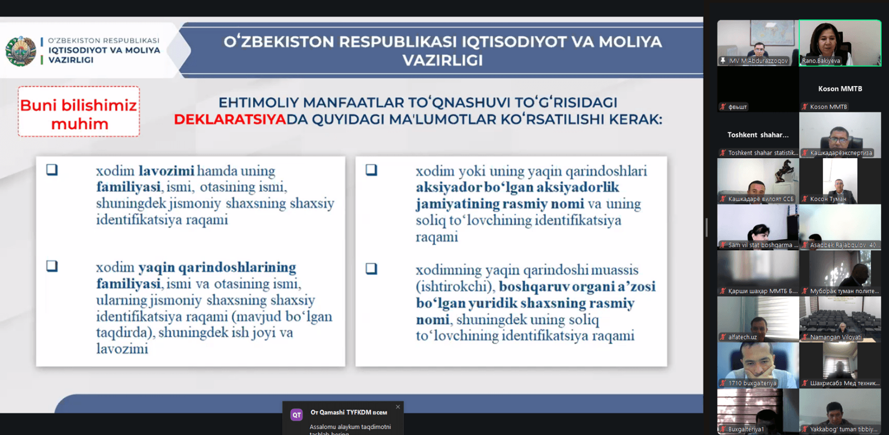 Davlat xaridlarida va boshqa budjet moliyaviy xarajatlarni amalga oshirishda manfaatlar toʻqnashuvi va affillanganlik holatlarini oldini olish va tartibga solish yuzasidan davlat organlari hamda tashkilotlari xodimlari uchun vebinar tashkil etildi