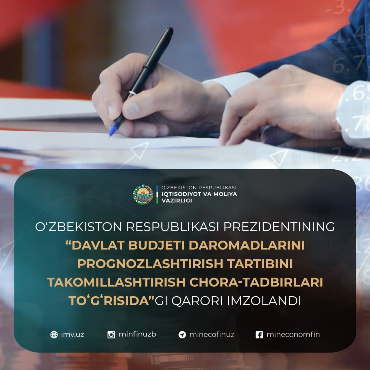 2025-yil 30-dekabr kuni Oʻzbekiston Respublikasi Prezidentining “Davlat budjeti daromadlarini prognozlashtirish tartibini takomillashtirish chora-tadbirlari toʻgʻrisida”gi PQ–397-sonli Qarori imzolandi