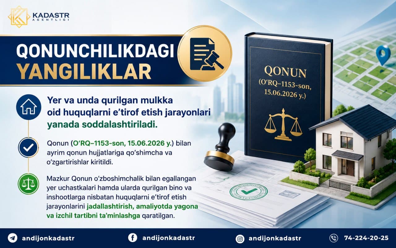 QONUNCHILIKDAGI YANGILIKLAR. Yer va unda qurilgan mulkka oid huquqlarni e’tirof etish jarayonlari yanada soddalashtiriladi.