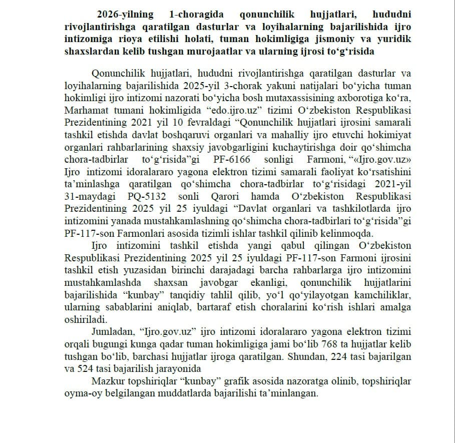 2026-yilning 1-choragida qonunchilik hujjatlari, hududni rivojlantirishga qaratilgan dasturlar va loyihalarning bajarilishida ijro intizomiga rioya etilishi holati