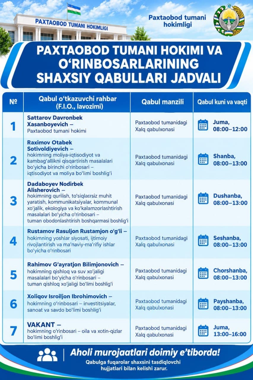 PAXTAOBOD TUMANI HOKIMI VA O‘RINBOSARLARINING SHAXSIY QABULLARI JADVALI