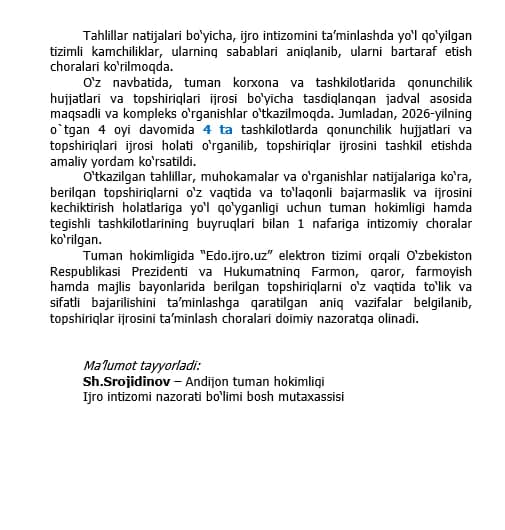 Andijon tumanida 2026-yilning aprel oyi davomida O‘zbekiston Respublikasi Prezidenti va Hukumatning Farmon, qaror, farmoyish hamda majlis bayonlarida berilgan topshiriqlarni o‘z vaqtida, aniq va to‘laqonli amalga oshirilishini tashkil etish to‘g‘risida