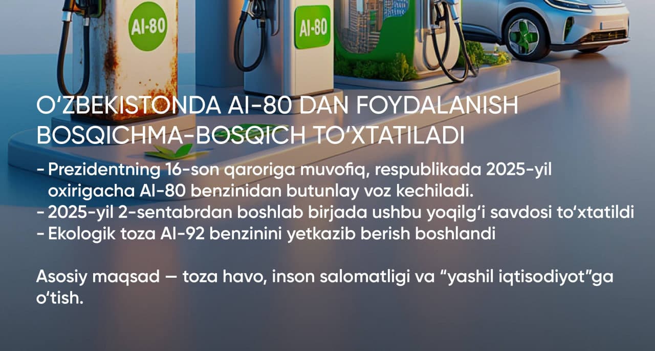 Toza havo sari yana bir qadam: O‘zbekiston AI-80'dan voz kechdi