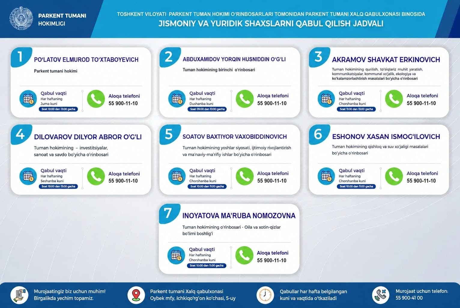 ⚡️⚡️⚡️Parkent tuman Xalq qabulxonasi binosida o'tkaziladigan shaxsiy qabullar jadvali