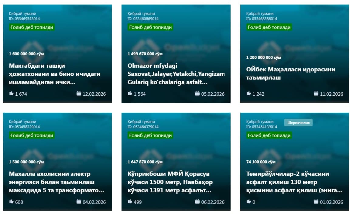 Tashabbusli budjet loyihasining 1-mavsumida g‘olib deb topilgan 17 ta loyiha uchun tuman budjetidan 25 mlrd 295 mln so‘m mablag' ajratilgan