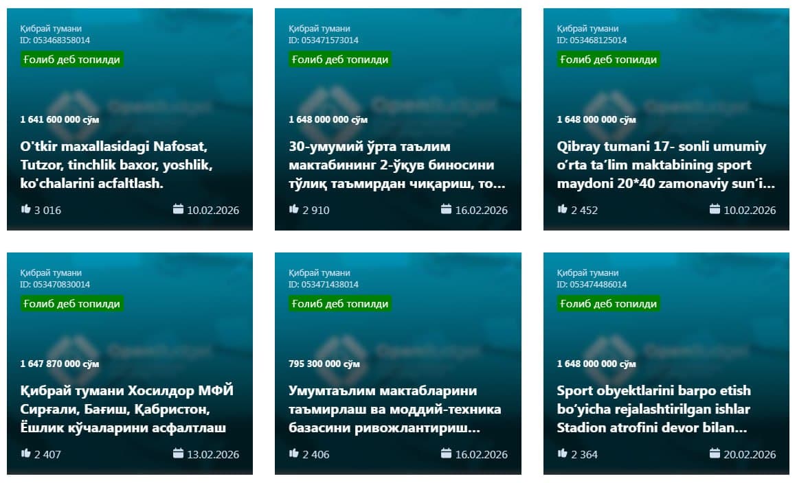 Tashabbusli budjet loyihasining 1-mavsumida g‘olib deb topilgan 17 ta loyiha uchun tuman budjetidan 25 mlrd 295 mln so‘m mablag' ajratilgan