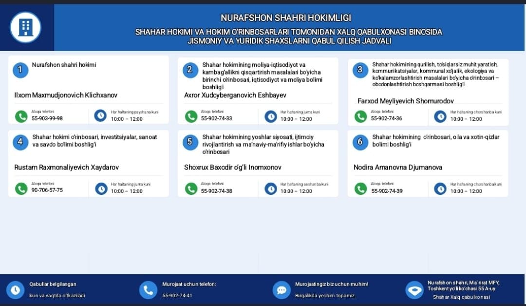 Nurafshon shahar Xalq qabulxonasi binosida o'tkaziladigan shaxsiy qabullar jadvali