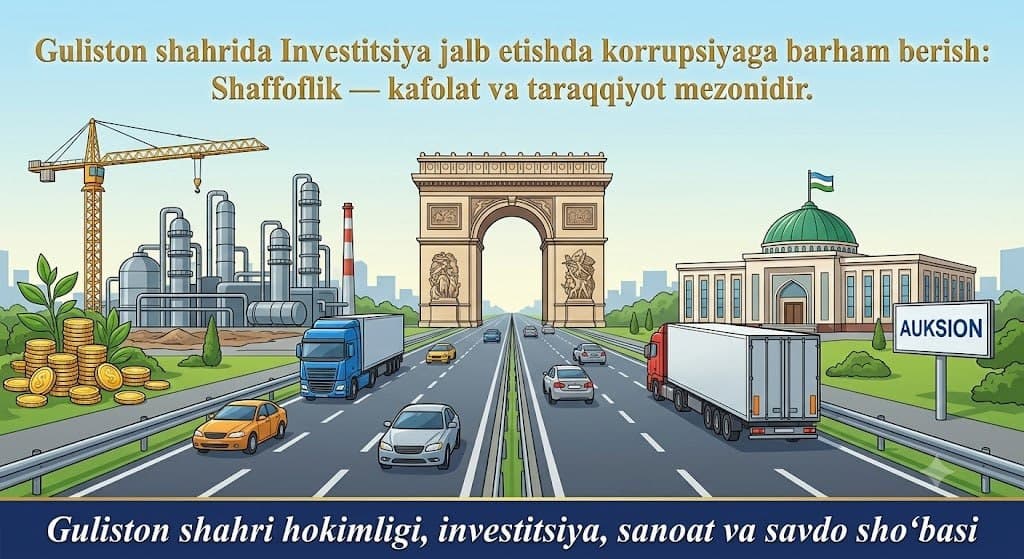 Guliston shahriga investitsiya jalb etishda korrupsiyaga barham berish: shaffoflik — kafolat va taraqqiyot mezonidir.