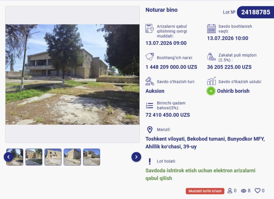 Bekobod tumanida yirik noturar bino E-auksion.uz platformasida sotuvga chiqarildi