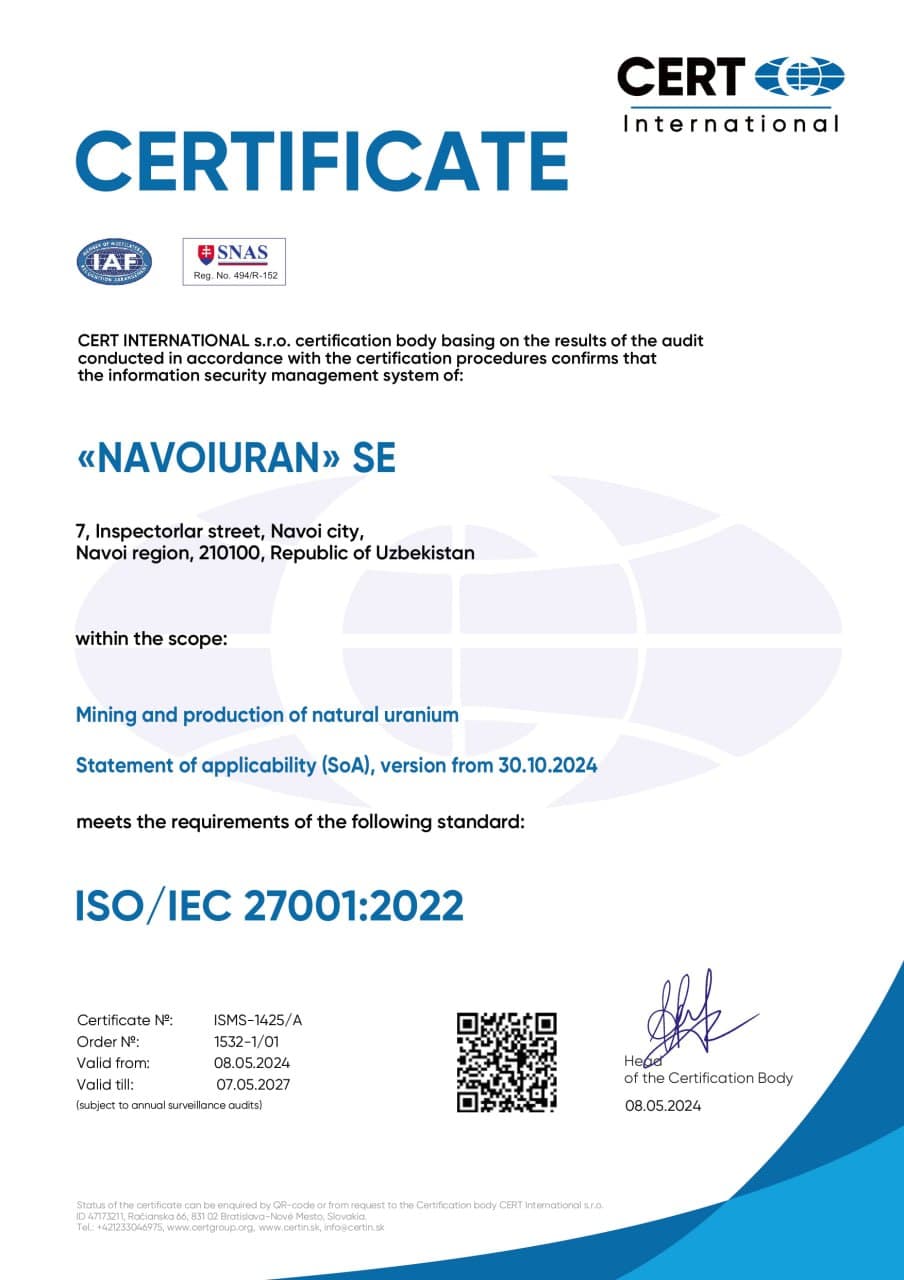 ГП «Навоийуран» получил сертификаты ISO 27001 и ISO 50001