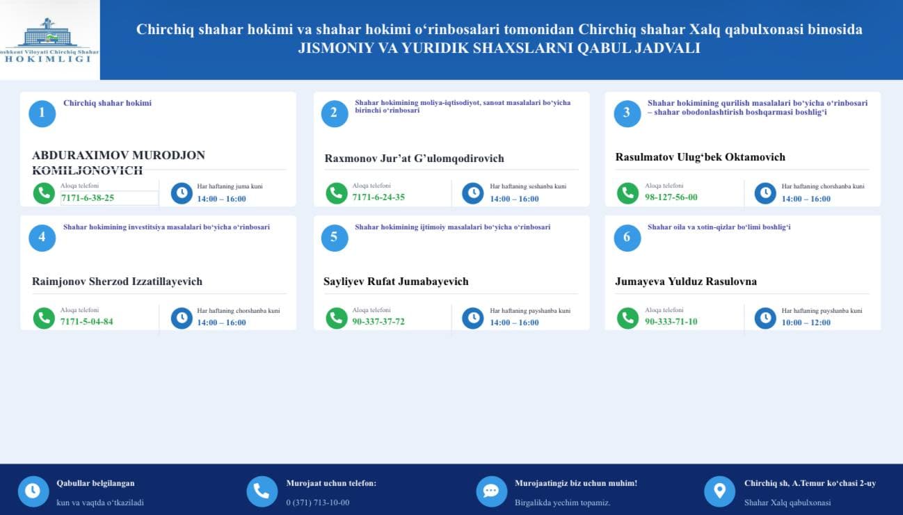 Chirchiq shahar Xalq qabulxonasi binosida o'tkaziladigan shaxsiy qabullar jadvali