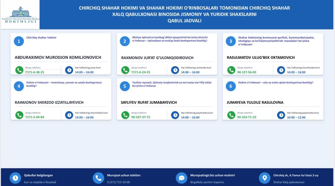 Chirchiq shahar Xalq qabulxonasi binosida o'tkaziladigan shaxsiy qabullar jadvali