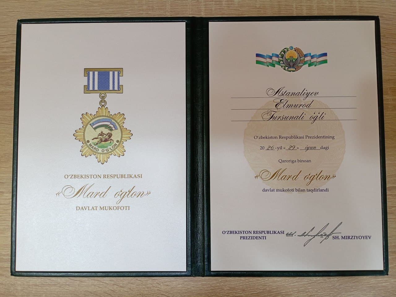 Mirobodlik yosh olim “Mard o‘g‘lon” davlat mukofoti bilan taqdirlandi