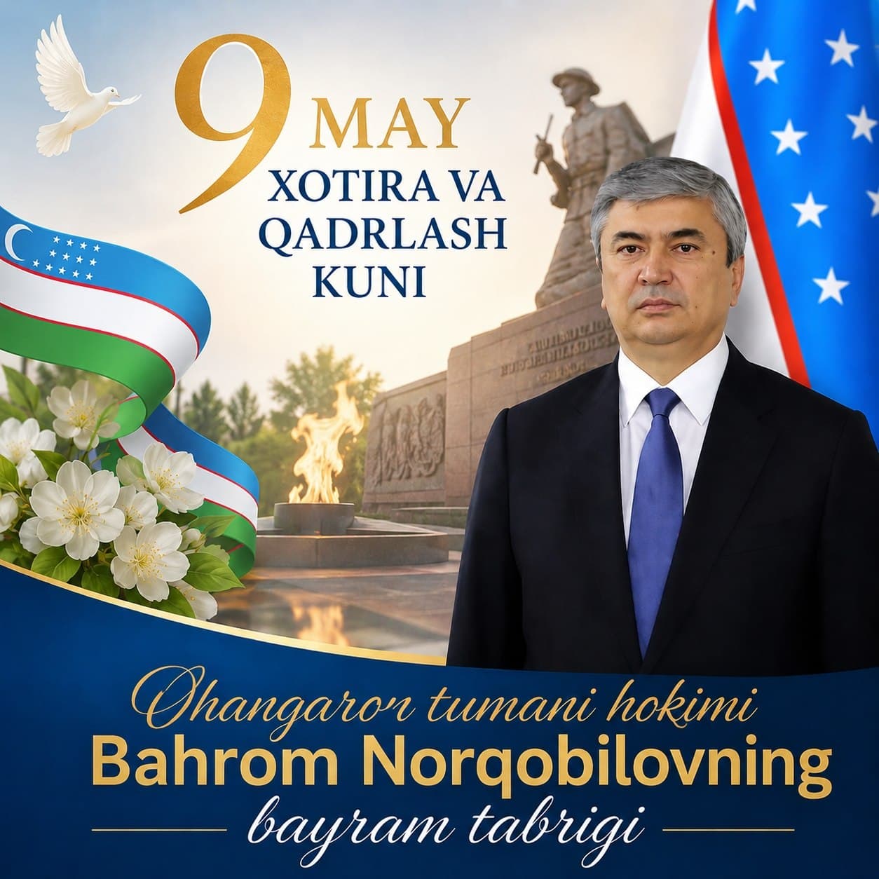 Ohangaron tumani hokimi Bahrom Norqobilovning 9 may – Xotira va qadrlash kuni munosabati bilan bayram tabrigi