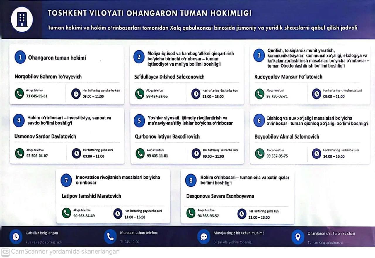 Ohangaron tumani Xalq qabulxonasi binosida o'tkaziladigan shaxsiy qabullar jadvali