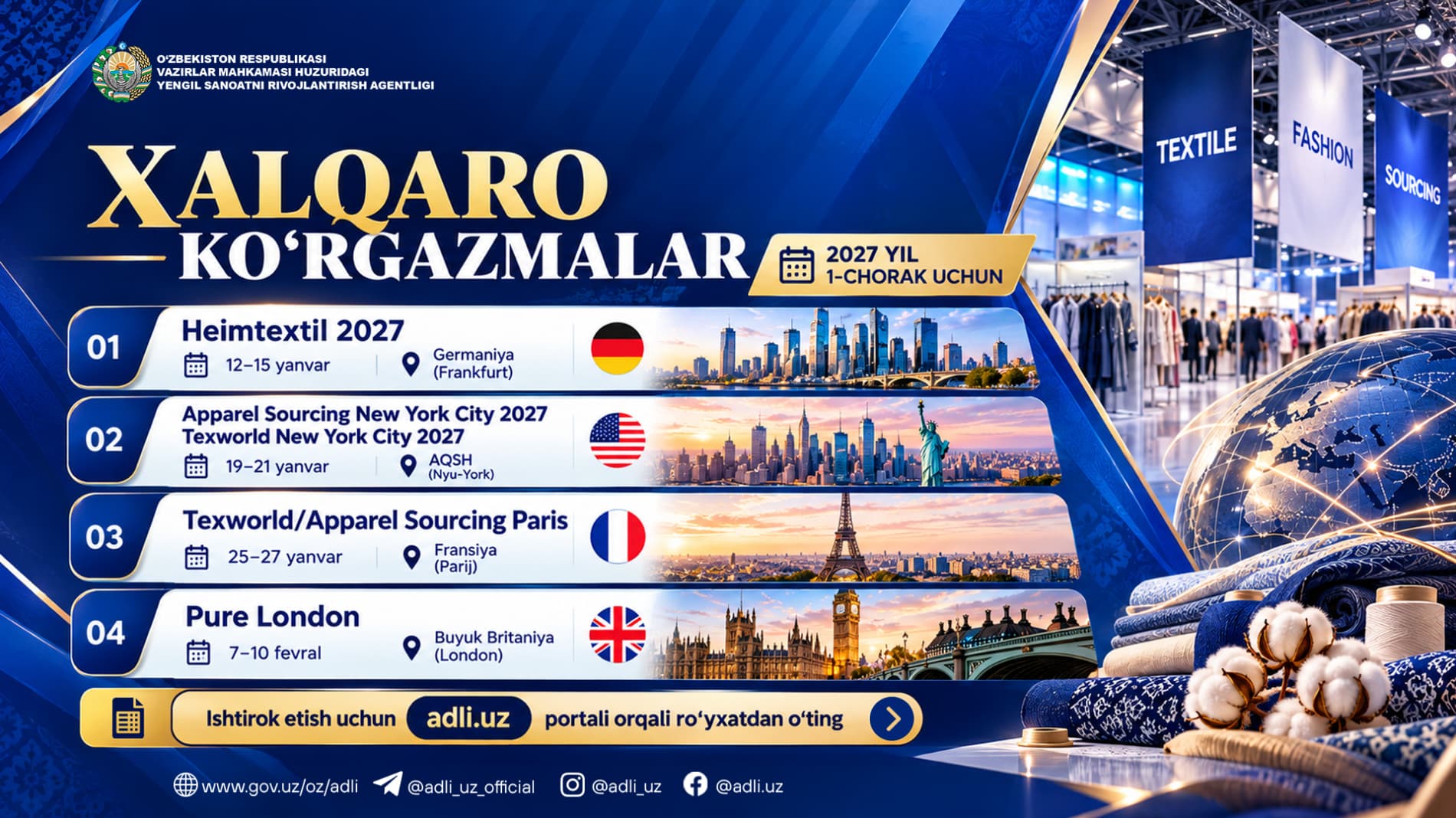 2027-YIL 1-CHORAGIDA TAVSIYA ETILADIGAN XALQARO KO‘RGAZMALAR