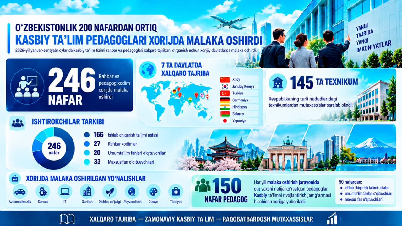 9 oyda 200 nafardan ortiq texnikum rahbar va pedagoglari xorijiy malaka oshirish va stajirovka dasturlarida qatnashdi