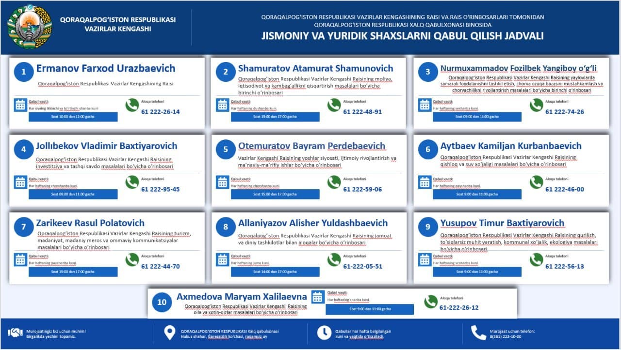 Jismoniy va Yuridik shaxslarni qabul qilish bo’yicha jadvali ma’lumoti bilan tanishishingiz mumkin