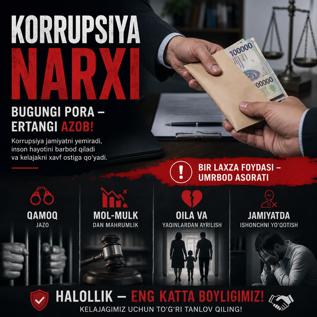 ⚖️ KORRUPSIYANING NARXI — BIR LAHZALIK MANFAAT, UMRBOY AZOB!