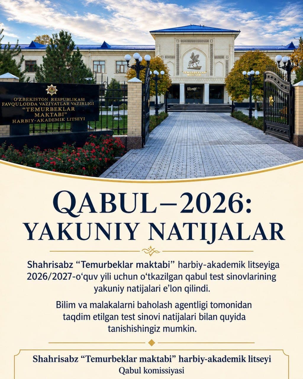 FVV "Temurbeklar maktabi" harbiy-akademik litseyi yakuniy mandat natijalari e‘lon qilindi.