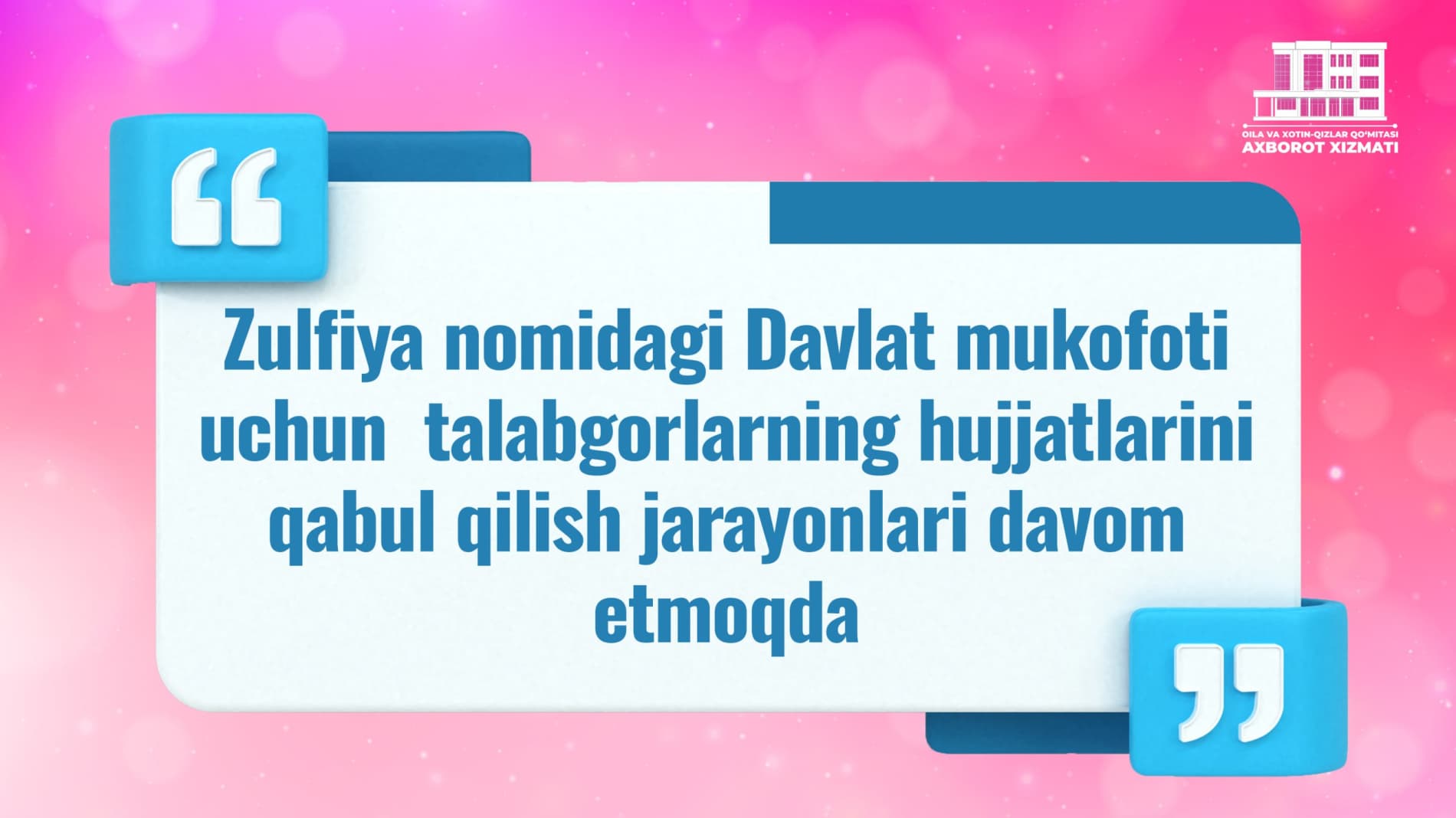 Zulfiya nomidagi Davlat mukofoti uchun talabgorlarning hujjatlarini qabul qilish jarayonlari davom etmoqda