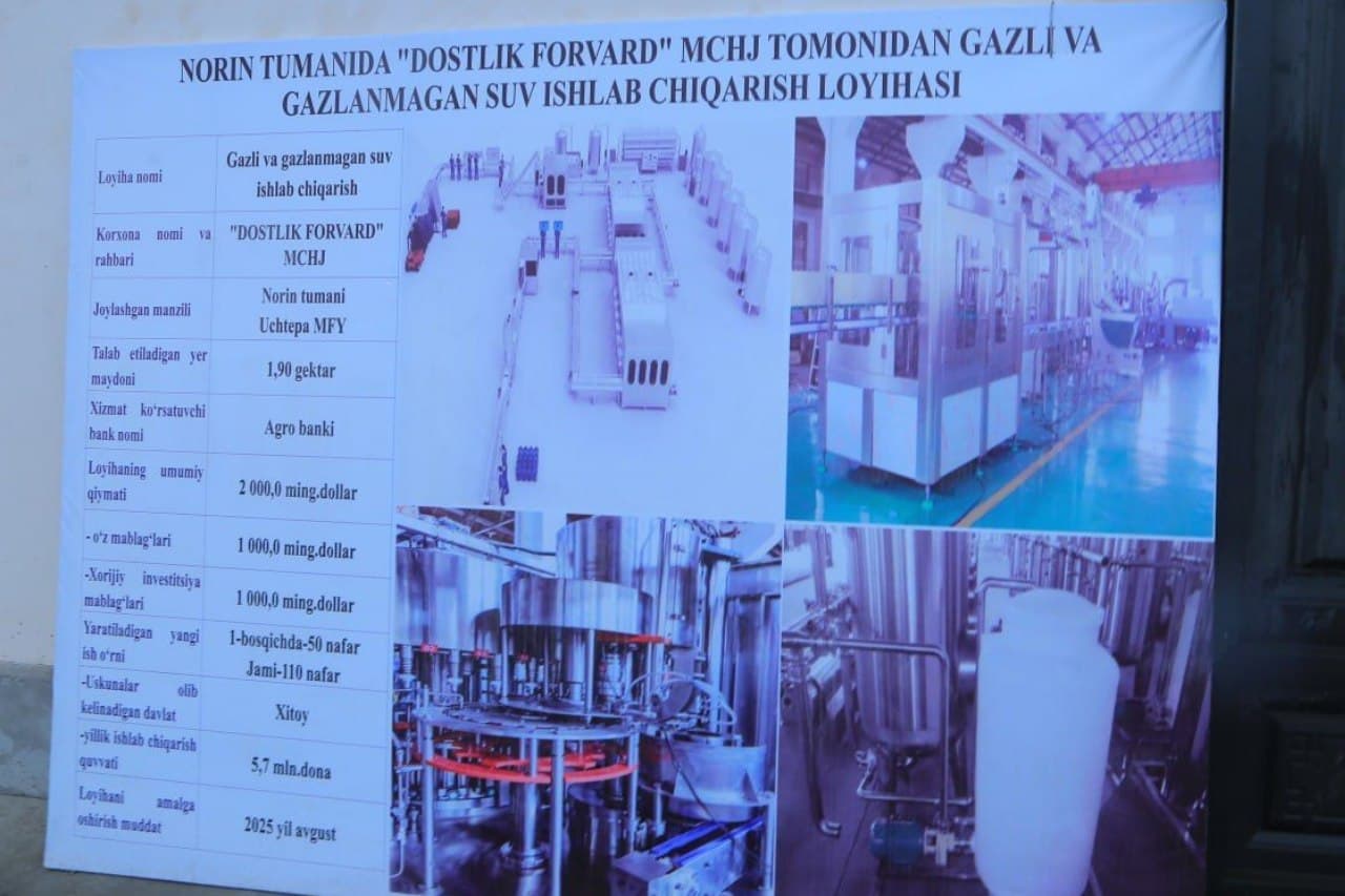 Norinda investitsiya va turizm sohasida yangi loyiha: gazli va gazsiz suv ishlab chiqariladi.