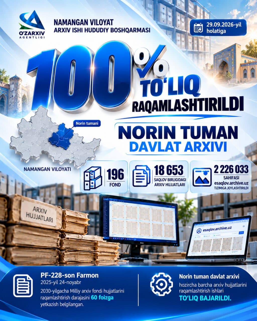 НАМАНГАН АРХИВЛАРИДА РАҚАМЛАШТИРИШДА ЯНГИ БОСҚИЧ: НОРИН ТУМАНИ 100 ФОИЗЛИК НАТИЖАГА ЭРИШДИ