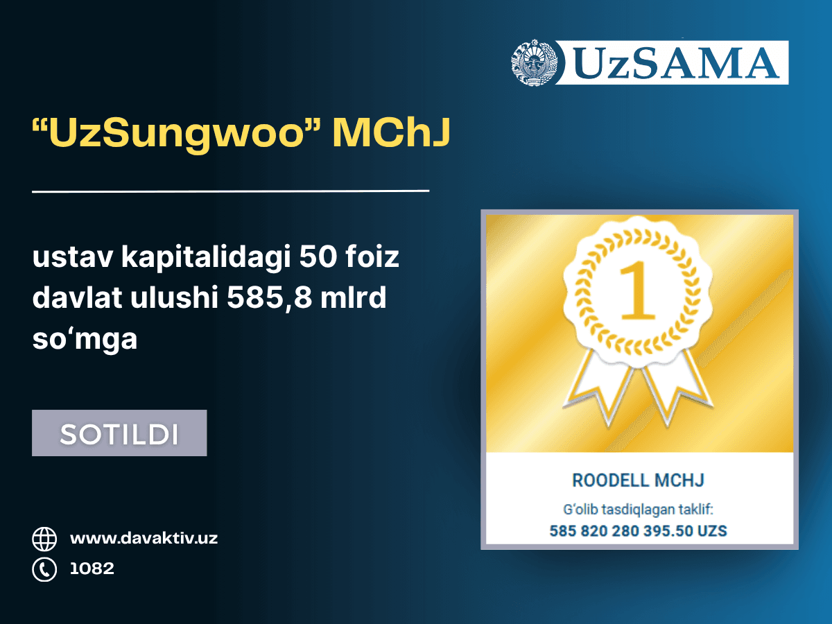 A 50% state stake in the charter capital of Uzsungwoo LLC JV sold for UZS 585.8 billion