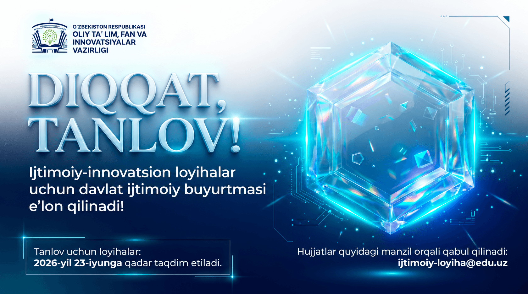 Ijtimoiy-innovatsion loyihalar uchun davlat ijtimoiy buyurtmasi eʼlon qilinadi!